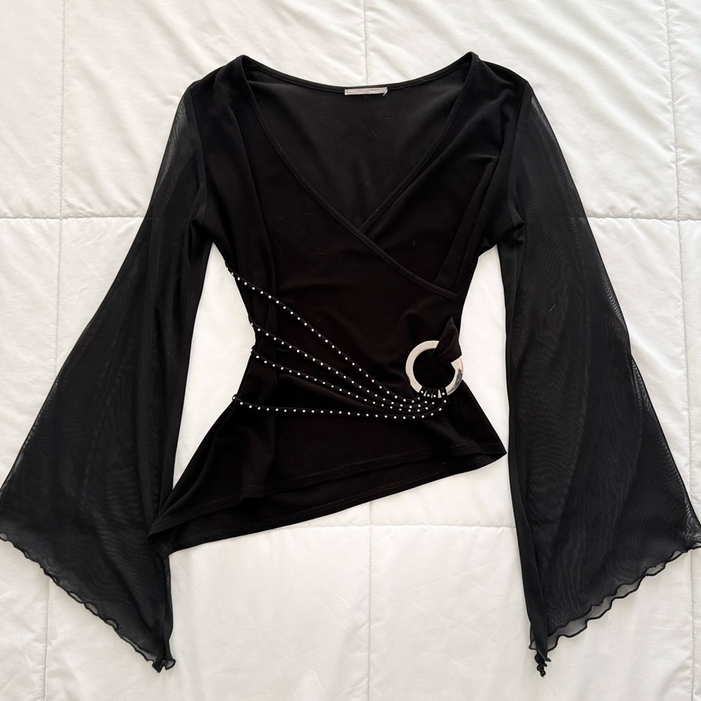 Black Women's Wrap Blouse with Sheer Bell Sleeves